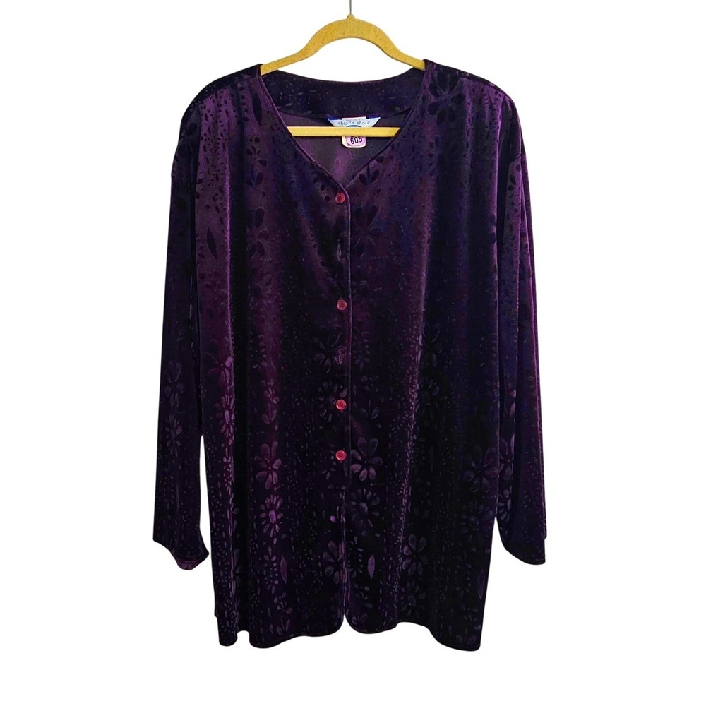 Vintage Velvet Floral Button Down Top Blouse 22 Plum Purple Whimsygoth‎ Witchy